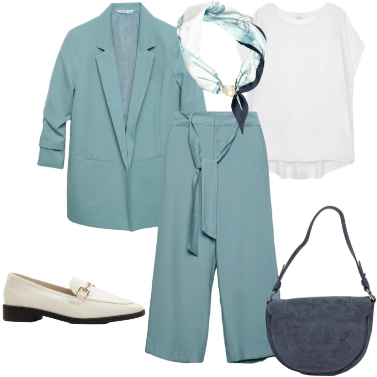 Outfit donna - Praticamente in tallieur. Stile Chic per Tutti i giorni. Abbinamento con mocassini, blazer, pantaloni a palazzo, bluse, borse a spalla, foulard.