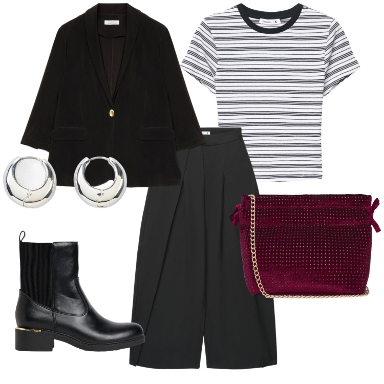 Outfit donna - Tra amiche. per Tutti i giorni. Abbinamento con stivaletti, orecchini, pantaloni a palazzo, t-shirt, borse a tracolla, blazer.