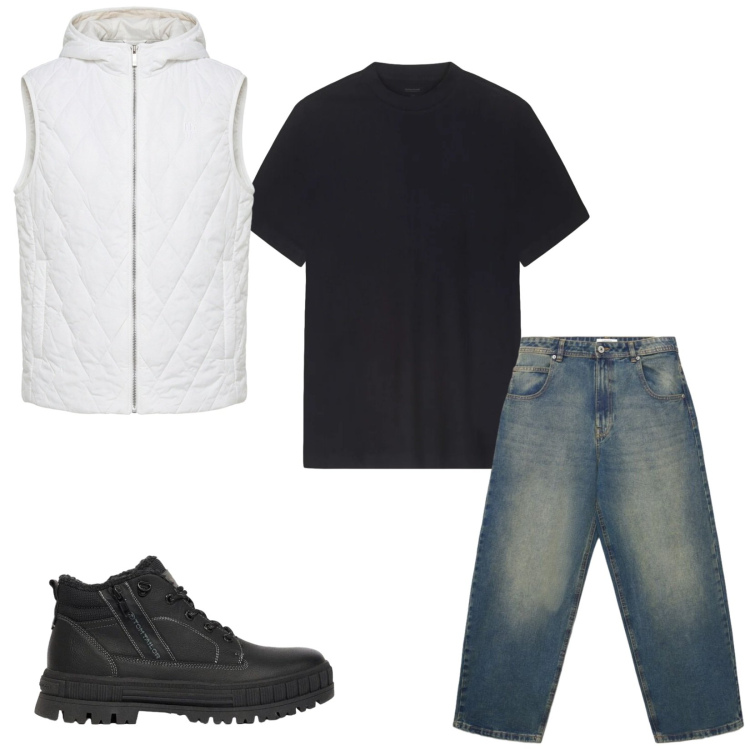 Outfit uomo - Total look #2479842. Stile Casual per Tutti i giorni. Abbinamento con piumini, t-shirt, jeans, stivali e stivaletti.