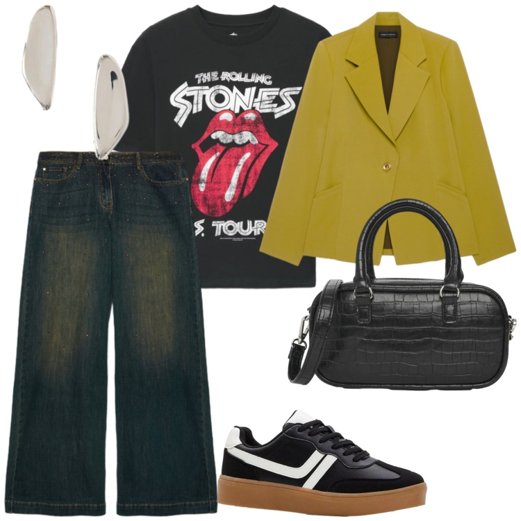 Outfit donna - Tra amiche. per Tutti i giorni. Abbinamento con sneakers, t-shirt, borse a tracolla, jeans, orecchini, blazer.