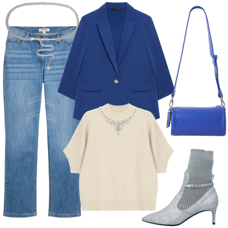 Outfit donna - Dettagli luminosi. Stile Trendy per Serata fuori. Abbinamento con borse a tracolla, maglieria, cinture, blazer, stivaletti, jeans dritti.