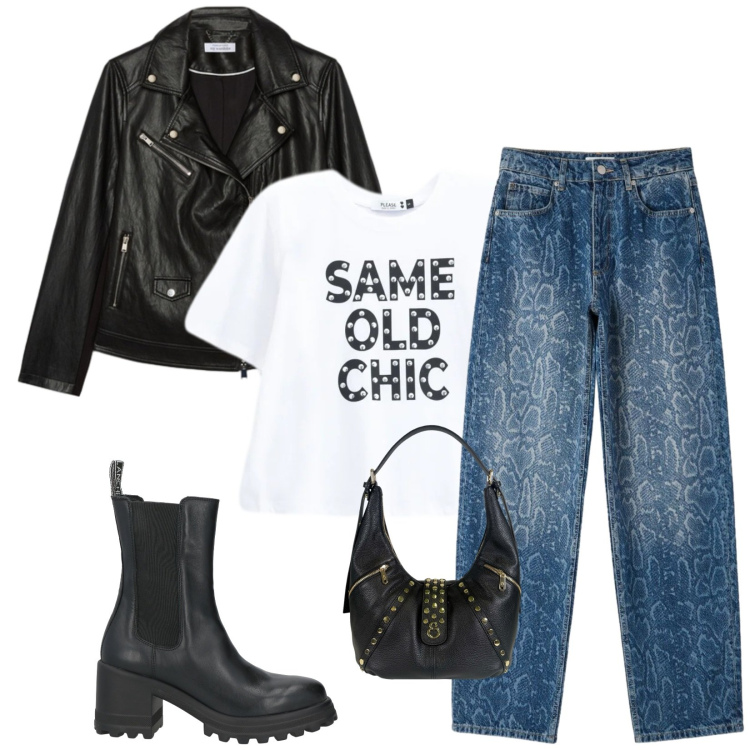 Outfit donna - Total look #2479854. Stile Trendy per Tutti i giorni. Abbinamento con stivaletti, jeans dritti, t-shirt, giacche, borse a spalla.