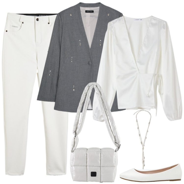 Outfit donna - Versatile, da mattina a sera. Stile Casual chic per Tutti i giorni. Abbinamento con ballerine, bluse, blazer, collane, pantaloni skinny, borse a spalla.