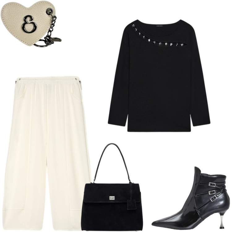 Outfit donna - Total look #2479864. Stile Casual chic per Tutti i giorni. Abbinamento con pantaloni, borse a mano, maglieria, portachiavi, stivaletti.