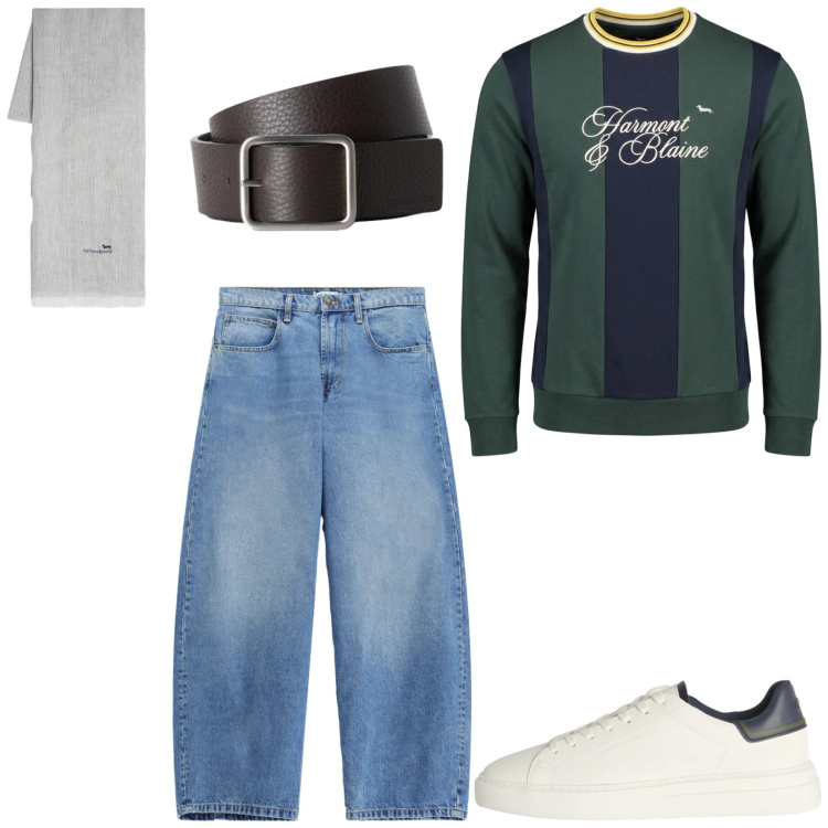 Outfit uomo - Total look #2479866. Stile Trendy per Tutti i giorni. Abbinamento con sneakers, felpe, cinture, sciarpe, jeans.