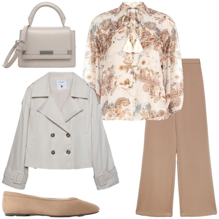 Outfit donna - Dolce autunno. Stile Casual chic per Tutti i giorni. Abbinamento con ballerine, caban, borse a tracolla, pantaloni a palazzo, bluse.