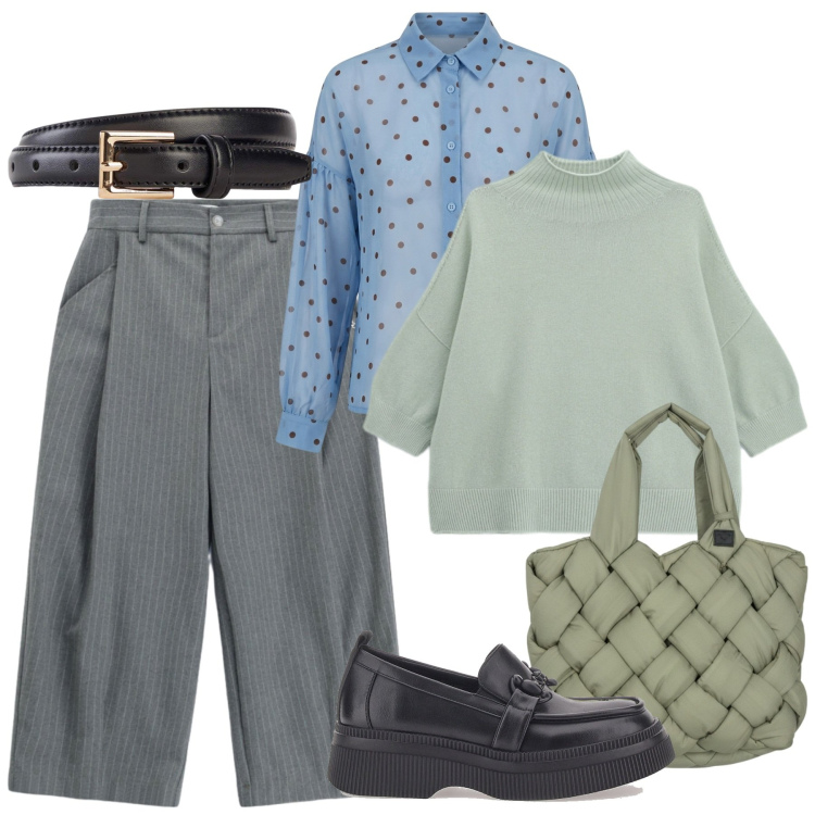 Outfit donna - Oroscopo la Bilancia. Stile Mannish per Ufficio. Abbinamento con cinture, pullovers, pantaloni a palazzo, camicie, borse tote, mocassini.