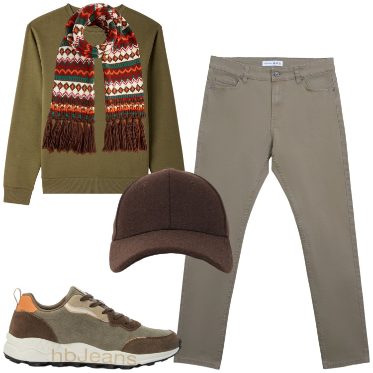Outfit uomo - Fall. Stile Casual per Tutti i giorni. Abbinamento con sneakers, sciarpe, felpe, pantaloni skinny, cappelli con visiera.