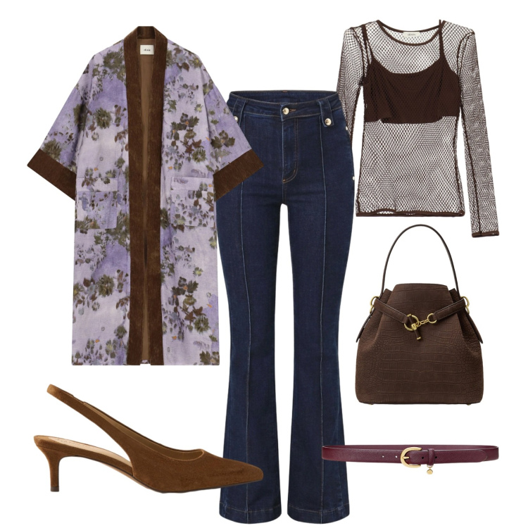 Outfit donna - Colori armoniosi. Stile Trendy per Tutti i giorni. Abbinamento con décolleté, borse a secchiello, cinture, jeans, kimono, top.