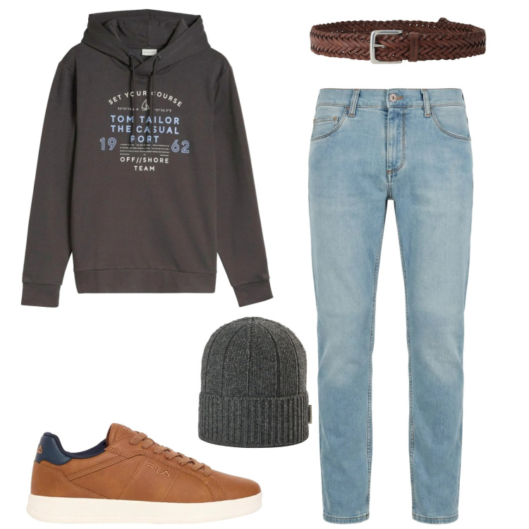 Outfit uomo - Fall. Stile Casual per Tutti i giorni. Abbinamento con jeans slim fit, cinture, berretti, sneakers, felpe con cappuccio.