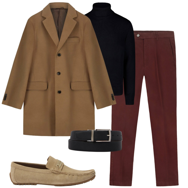 Outfit uomo - Autunno in città. Stile Business/Elegante per Tutti i giorni. Abbinamento con scarpe stringate, maglieria, pantaloni chino, cinture, cappotti.