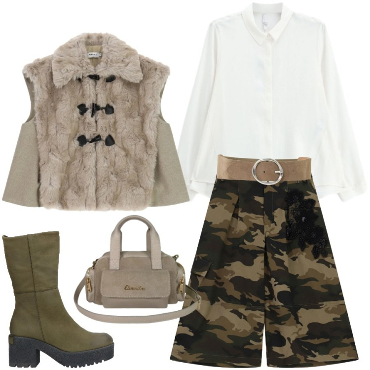 Outfit donna - Militare chic. Stile Military per Tutti i giorni. Abbinamento con camicie, borse a mano, gilet, bermuda, cinture, stivaletti.