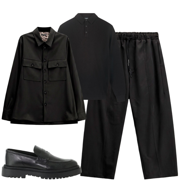 Outfit uomo - Black. Stile Urban per Tutti i giorni. Abbinamento con scarpe stringate, cappotti, pantaloni, polo.