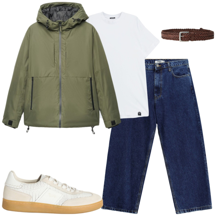 Outfit uomo - City. Stile Casual per Tutti i giorni. Abbinamento con sneakers, jeans, t-shirt, cinture, giacche.