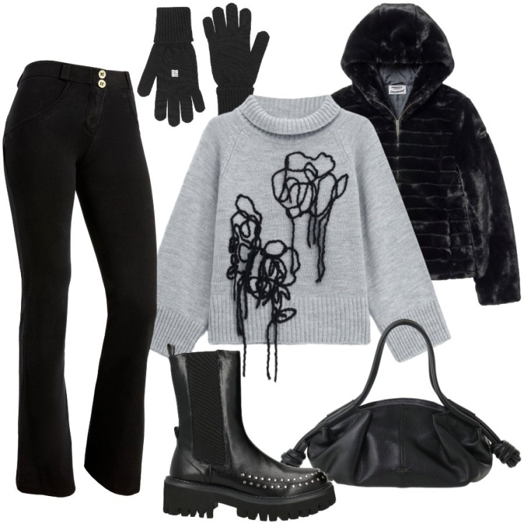 Outfit donna - Grigio e nero. Stile Rock per Tutti i giorni. Abbinamento con pullovers, blazer, jeggings, borse a mano, stivaletti chelsea, guanti.
