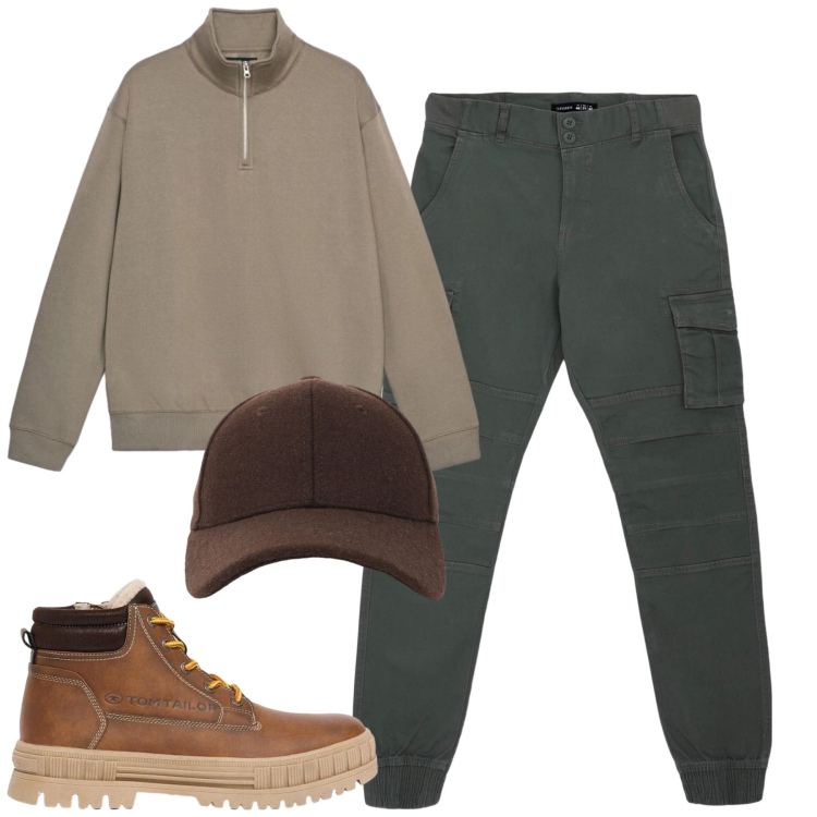 Outfit uomo - Fall. Stile Casual per Tutti i giorni. Abbinamento con pantaloni cargo, felpe, cappelli con visiera, stivali e stivaletti.