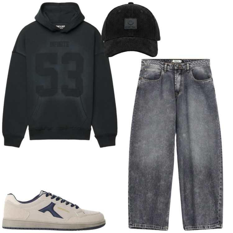 Outfit uomo - City. Stile Casual per Tutti i giorni. Abbinamento con jeans, sneakers, cappelli con visiera, felpe con cappuccio.