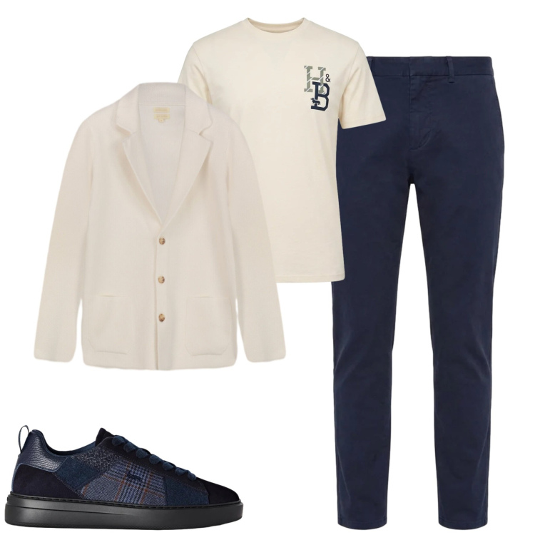 Outfit uomo - City. Stile Urban per Tutti i giorni. Abbinamento con sneakers, t-shirt, pantaloni, cardigans.