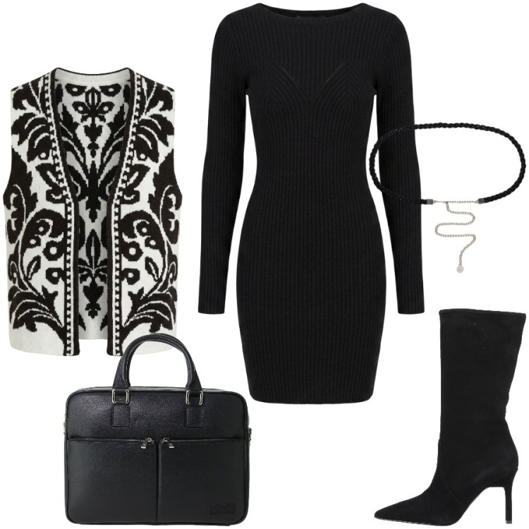 Outfit donna - Riunione di lavoro. Stile Chic per Ufficio. Abbinamento con borse messenger, cinture, gilet, vestiti a tubino, stivali.