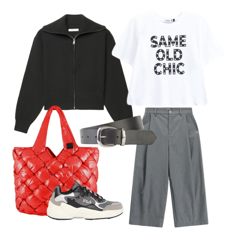 Outfit donna - Ogni giorno. Stile Casual per Scuola/Università. Abbinamento con pantaloni a palazzo, t-shirt, borse tote, felpe, cinture, sneakers.