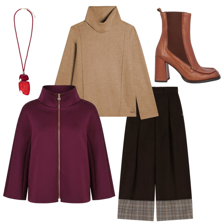 Outfit donna - Passeggiata tra le foglie. Stile Casual per Tutti i giorni. Abbinamento con ciondoli, felpe, pantaloni a palazzo, cappotti, stivaletti chelsea.