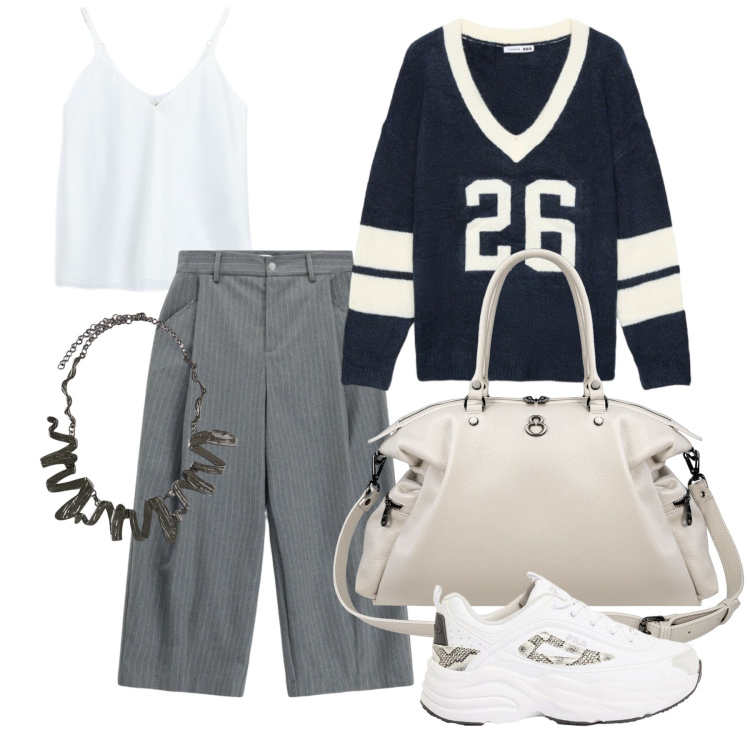 Outfit donna - Settembre. Stile Casual chic per Tutti i giorni. Abbinamento con sneakers, maglieria, pantaloni a palazzo, top, ciondoli, shopping bag.