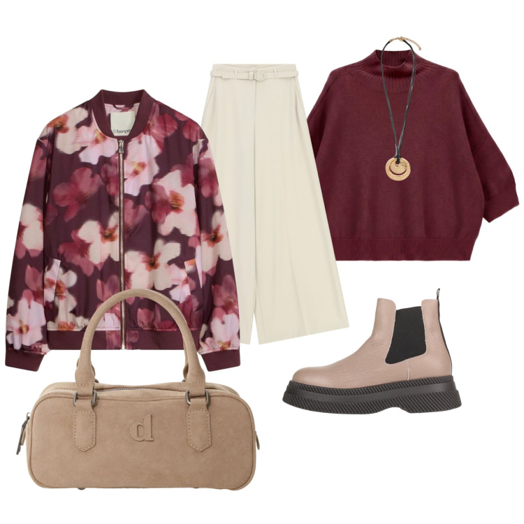 Outfit donna - In città. Stile Casual chic per Tutti i giorni. Abbinamento con ciondoli, maglieria, pantaloni a palazzo, borse a mano, stivaletti, bomber.