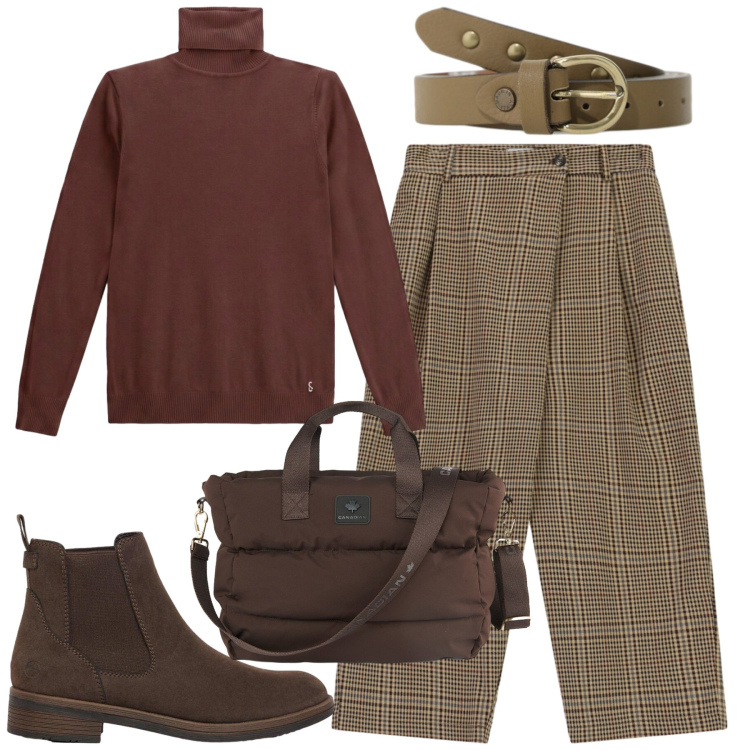 Outfit donna - Piccolo freddo mattutino. Stile Basic per Scuola/Università. Abbinamento con pantaloni, t-shirt, borse tote, cinture, stivaletti.