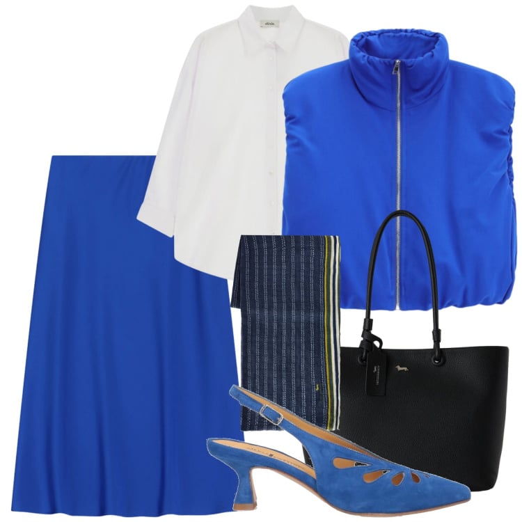 Outfit donna - Al lavoro in motorino. Stile Basic per Ufficio. Abbinamento con décolleté, piumini, gonne longuette, shopping bag, sciarpe, camicie.