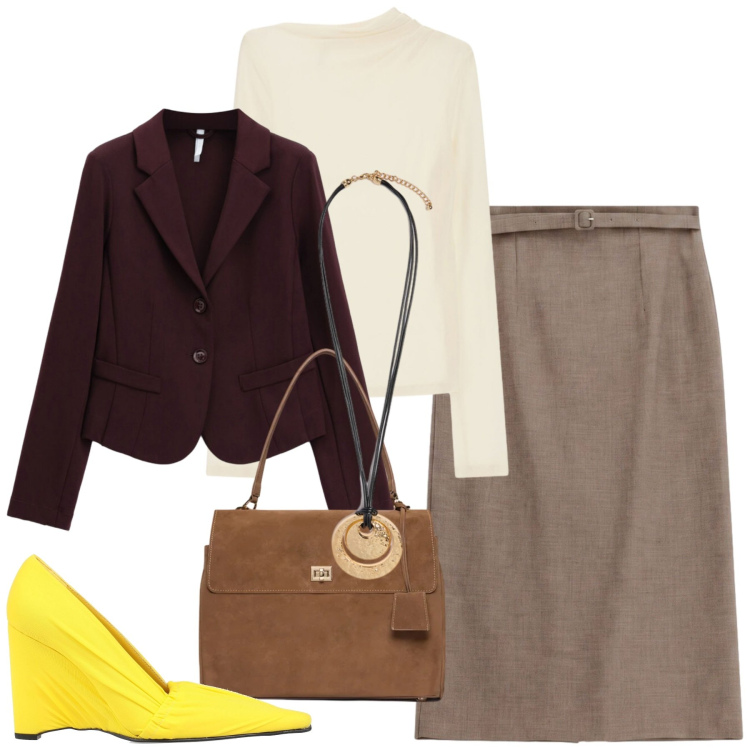 Outfit donna - I colori del foliage. Stile Basic per Ufficio. Abbinamento con décolleté, gonne longuette, t-shirt, blazer, ciondoli, borse a mano.