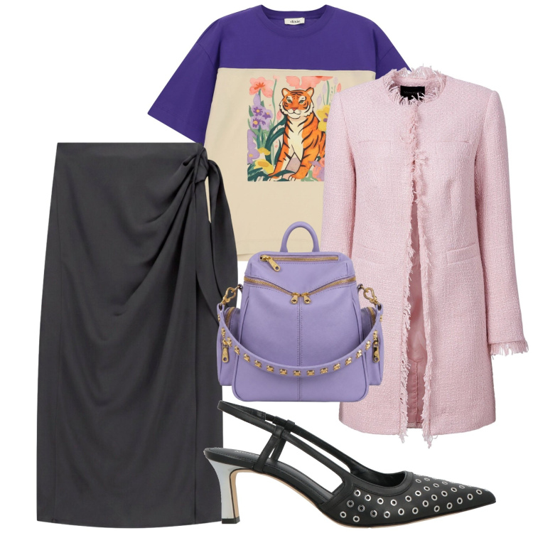Outfit donna - La tigre. Stile Trendy per Ufficio. Abbinamento con décolleté, blazer, gonne lunghe, t-shirt, zaini.