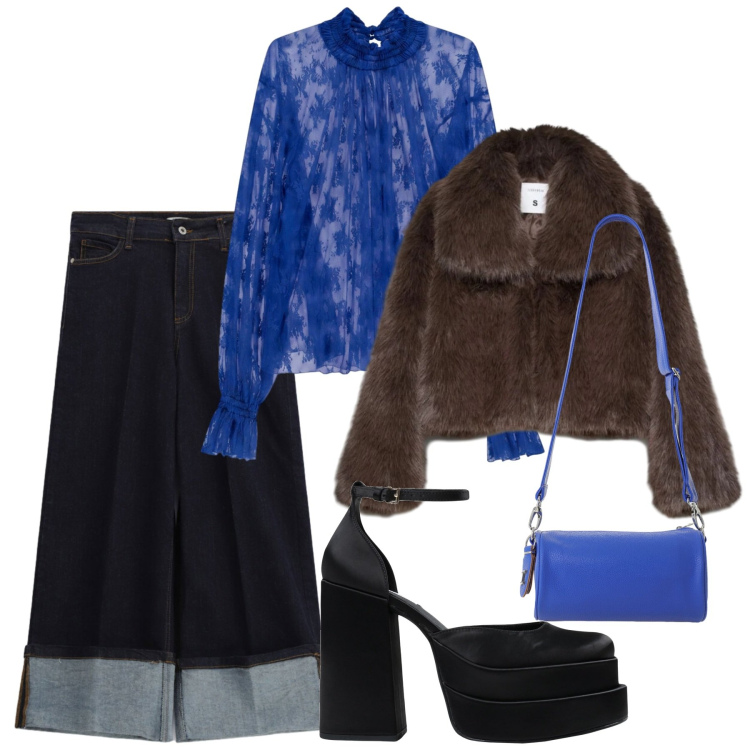 Outfit donna - Disco. Stile 70s per Serata fuori. Abbinamento con décolleté, blazer, bluse, borse a tracolla, jeans.
