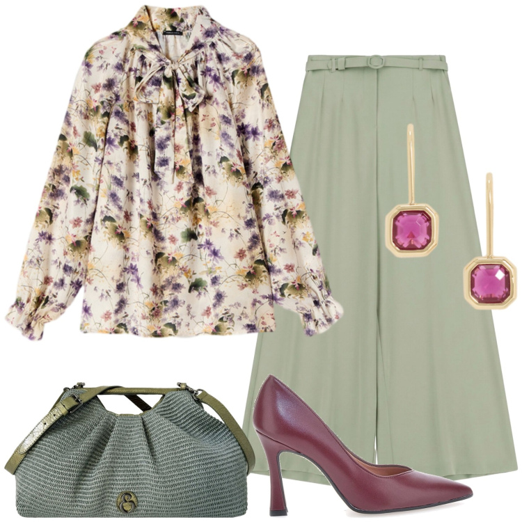 Outfit donna - Verde salvia e bordeaux. Stile Chic per Ufficio. Abbinamento con pantaloni a palazzo, bluse, orecchini, clutch, décolleté.