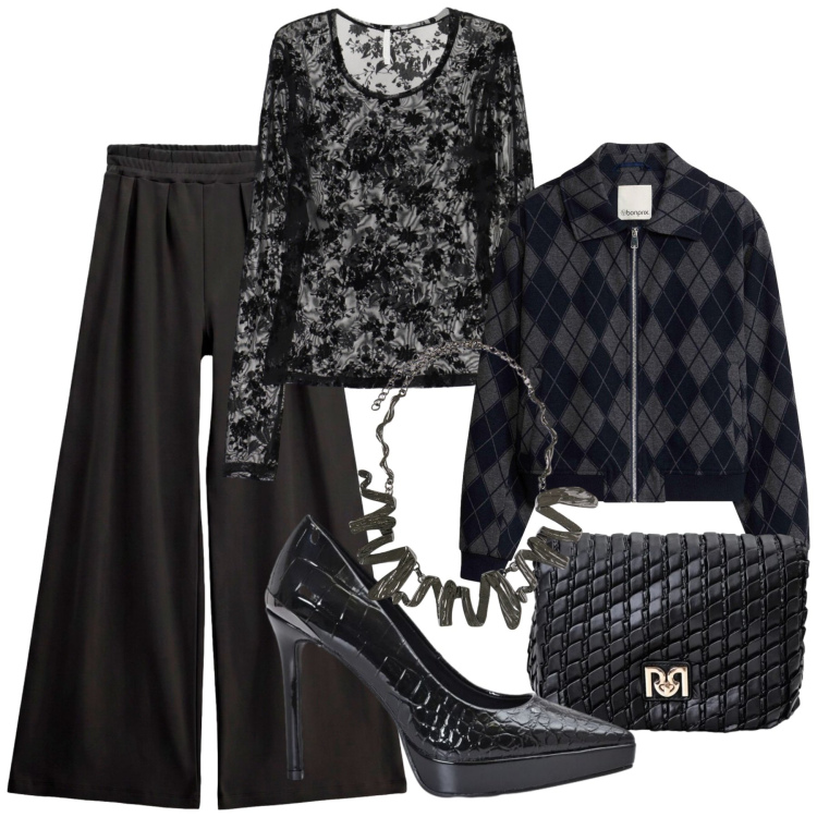 Outfit donna - Disco. Stile 70s per Serata fuori. Abbinamento con bomber, borse a tracolla, décolleté, top, pantaloni a palazzo, ciondoli.