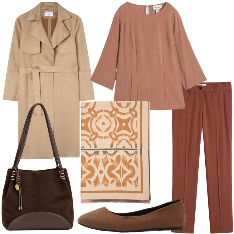Outfit donna - Trench leggero e toni caldi. Stile Casual chic per Ufficio. Abbinamento con borse a spalla, sciarpe, trench, bluse, ballerine, pantaloni.