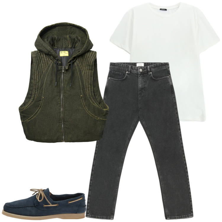 Outfit uomo - Total look #2479949. Stile Casual per Tutti i giorni. Abbinamento con scarpe stringate, t-shirt, gilet, jeans dritti.
