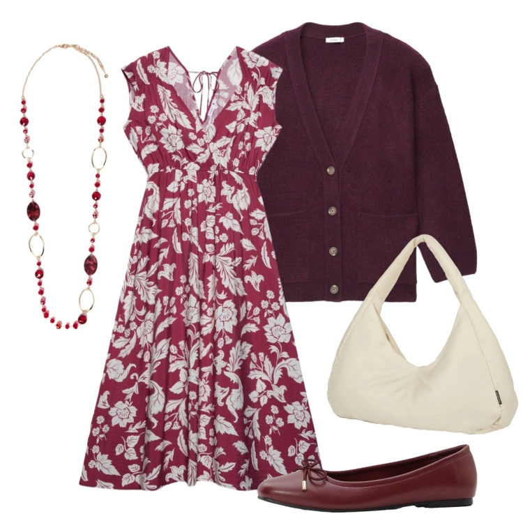 Outfit donna - Settembre. Stile Basic per Tutti i giorni. Abbinamento con collane, borse a spalla, vestiti midi/longuette, cardigans, ballerine.