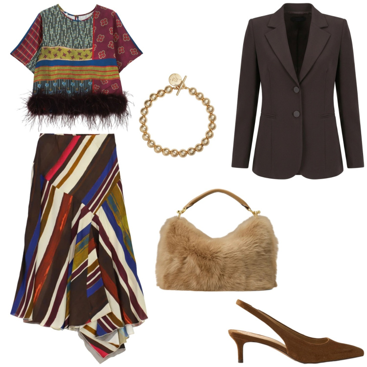 Outfit donna - Mix di fantasia in equilibrio. Stile Casual chic per Ufficio. Abbinamento con blazer, top, gonne longuette, braccialetti, décolleté, borse a mano.