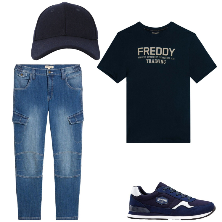 Outfit uomo - Total look #2479958. Stile Casual per Tutti i giorni. Abbinamento con t-shirt, cappelli con visiera, sneakers, jeans dritti.