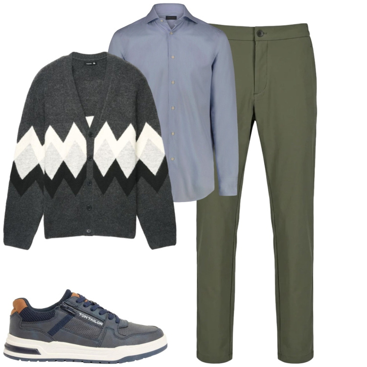 Outfit uomo - City. Stile Urban per Tutti i giorni. Abbinamento con camicie, pantaloni, cardigans, sneakers.