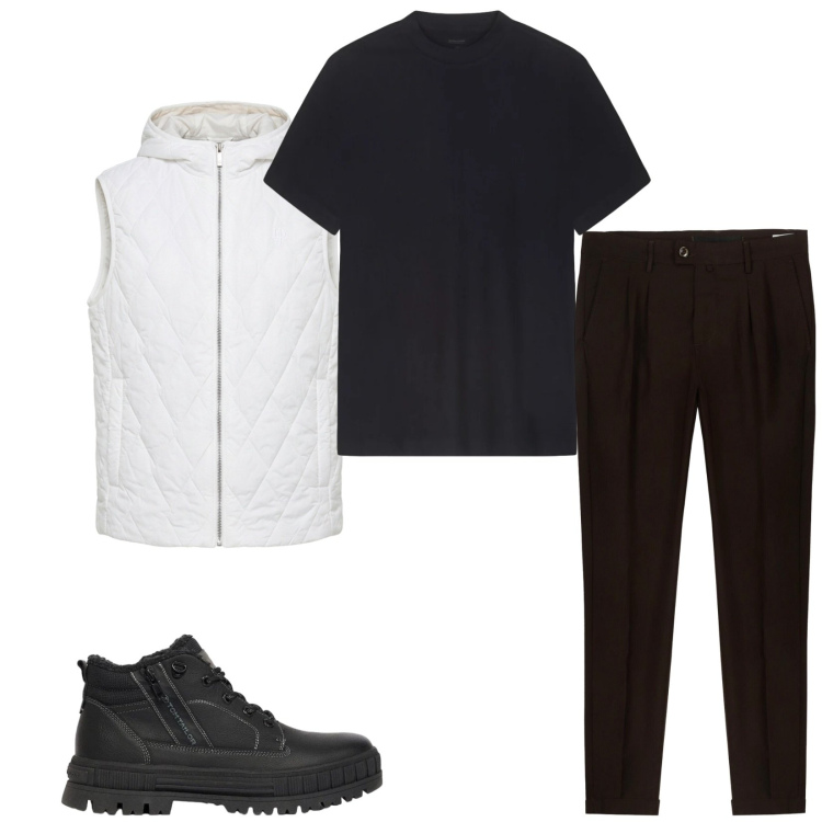 Outfit uomo - Total look #2479965. Stile Casual per Tutti i giorni. Abbinamento con piumini, pantaloni, t-shirt, stivali e stivaletti.