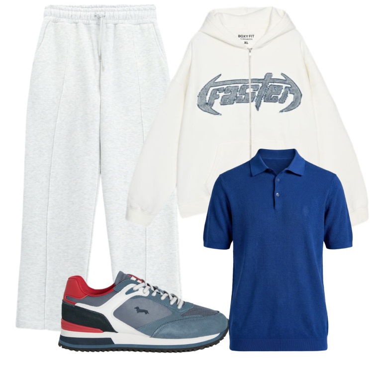 Outfit uomo - Weekend relax. Stile Casual per Tutti i giorni. Abbinamento con polo, sneakers, pantaloni, felpe con cappuccio.