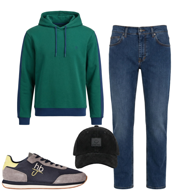 Outfit uomo - City. Stile Casual per Tutti i giorni. Abbinamento con sneakers, jeans, felpe con cappuccio, cappelli con visiera.