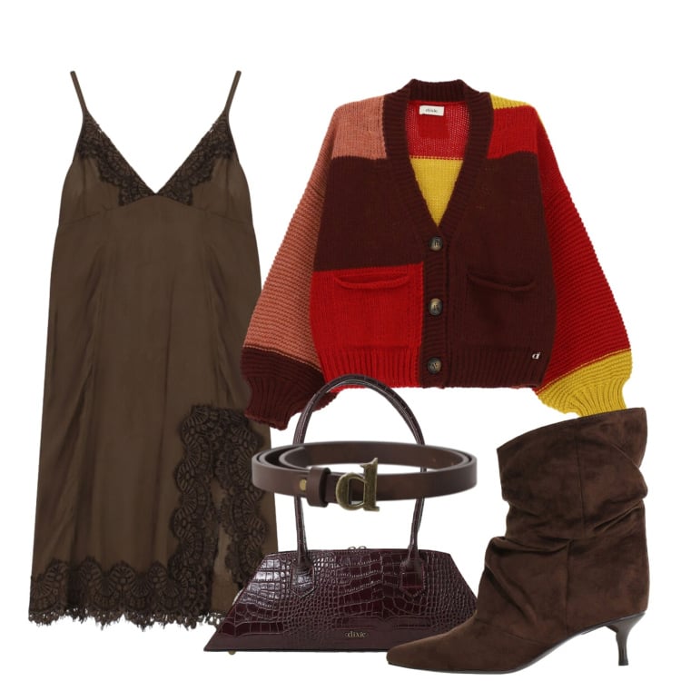 Outfit donna - Abbinamento cool. Stile Boho per Tutti i giorni. Abbinamento con stivali, borse a spalla, cardigans, cinture, vestiti corti.