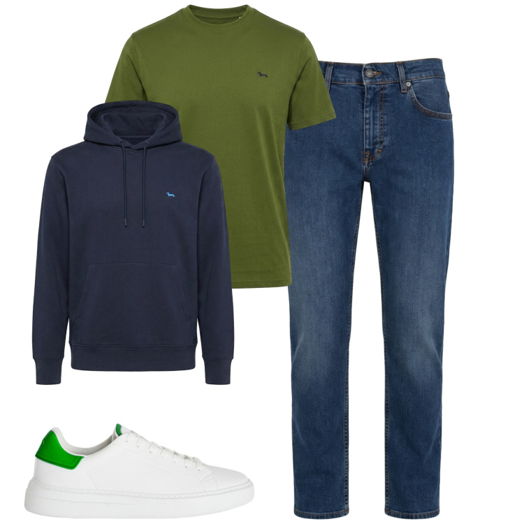 Outfit uomo - Total look #2479990. Stile Casual per Tutti i giorni. Abbinamento con t-shirt, jeans, felpe con cappuccio, sneakers.