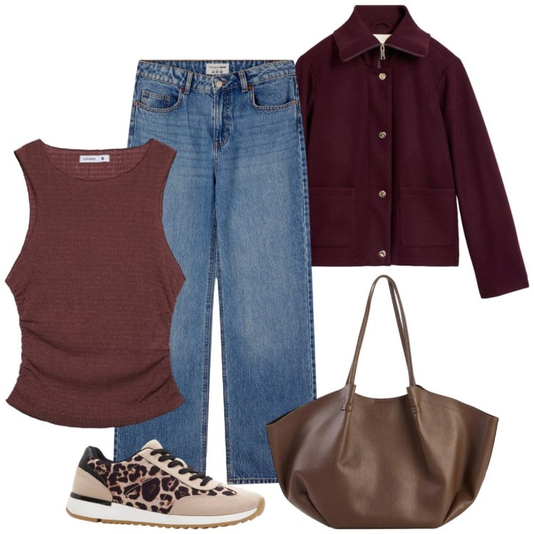 Outfit donna - Sneakers animalier. Stile Basic per Tutti i giorni. Abbinamento con sneakers, shopping bag, blazer, jeans, top.