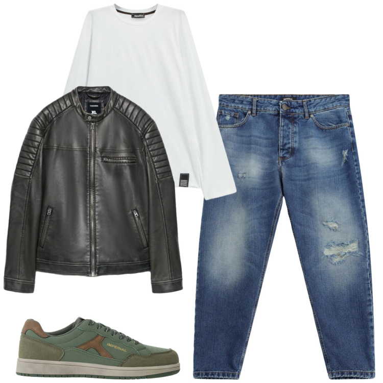 Outfit uomo - Total look #2479997. Stile Casual per Tutti i giorni. Abbinamento con jeans strappati, t-shirt, sneakers, giacche.