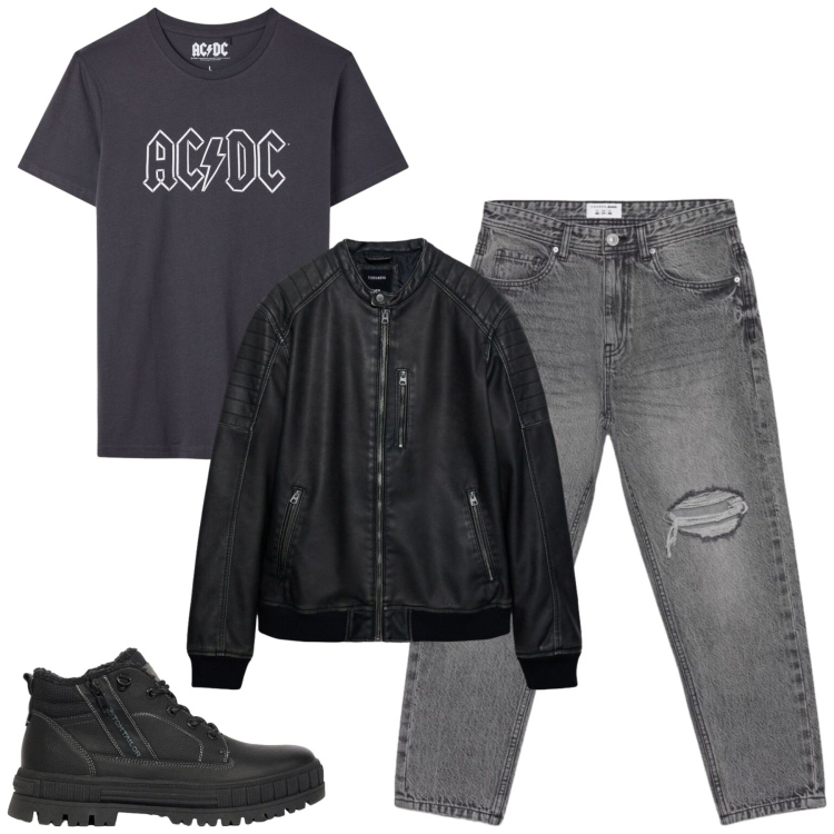 Outfit uomo - Total look #2480003. Stile Casual per Tutti i giorni. Abbinamento con giacche, jeans strappati, t-shirt, stivali e stivaletti.