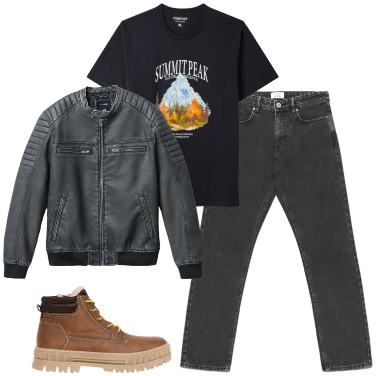 Outfit uomo - Total look #2480021. Stile Casual per Tutti i giorni. Abbinamento con giacche, jeans dritti, t-shirt, stivali e stivaletti.