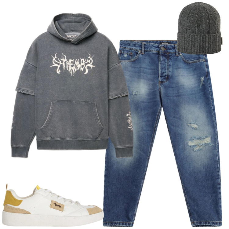 Outfit uomo - Total look #2480029. Stile Casual per Tutti i giorni. Abbinamento con sneakers, jeans strappati, berretti, felpe con cappuccio.